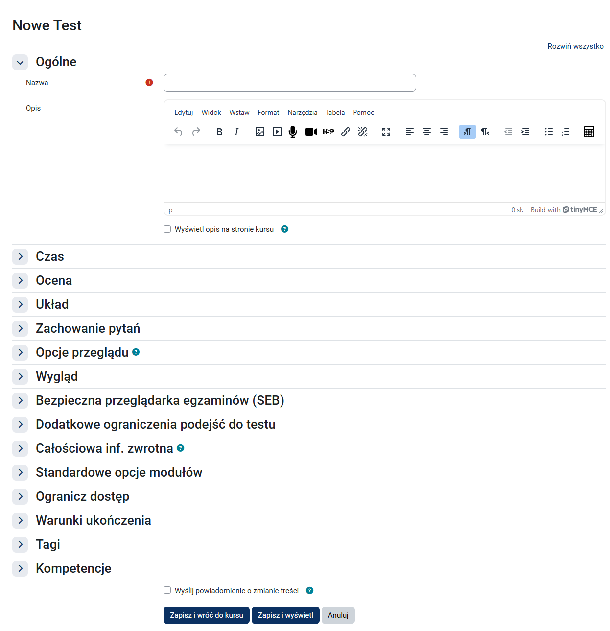 Lista dostępnych opcji podczas tworzenia aktywności Test