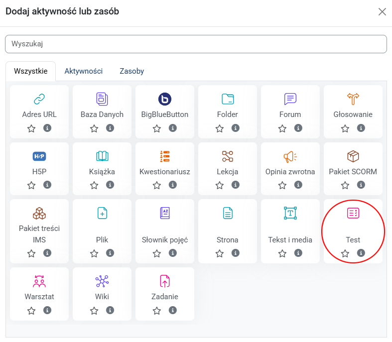 Kafelki odpowiadające dostępnym aktywnościom i zasobom