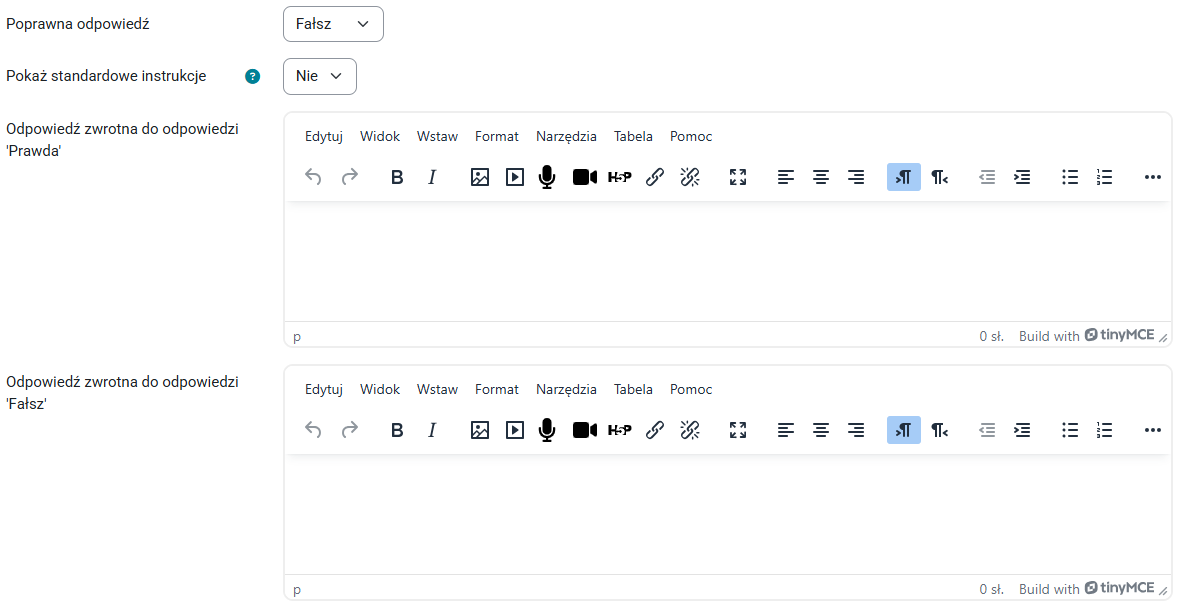 Pola do wypełnienia w pytaniu typu Prawda/Fałsz