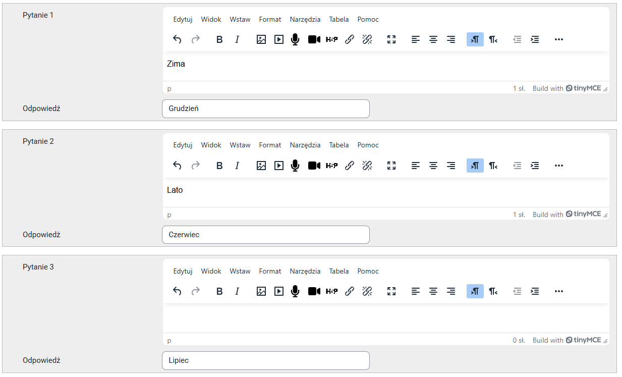 Przykładowo wypełnione pola typu pytania Dopasowanie